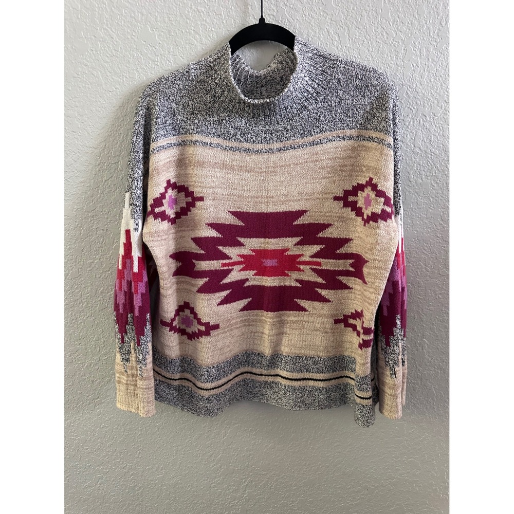 Nic+Zoe Womens Mock Neck Southwestern Geometric Intarsia Knit Sweater Large